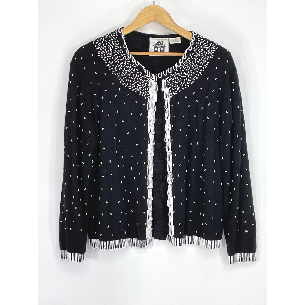 Storybook Knits Women Cardigan Large Sweater Black Beaded Silk Wool Witchy Fairy